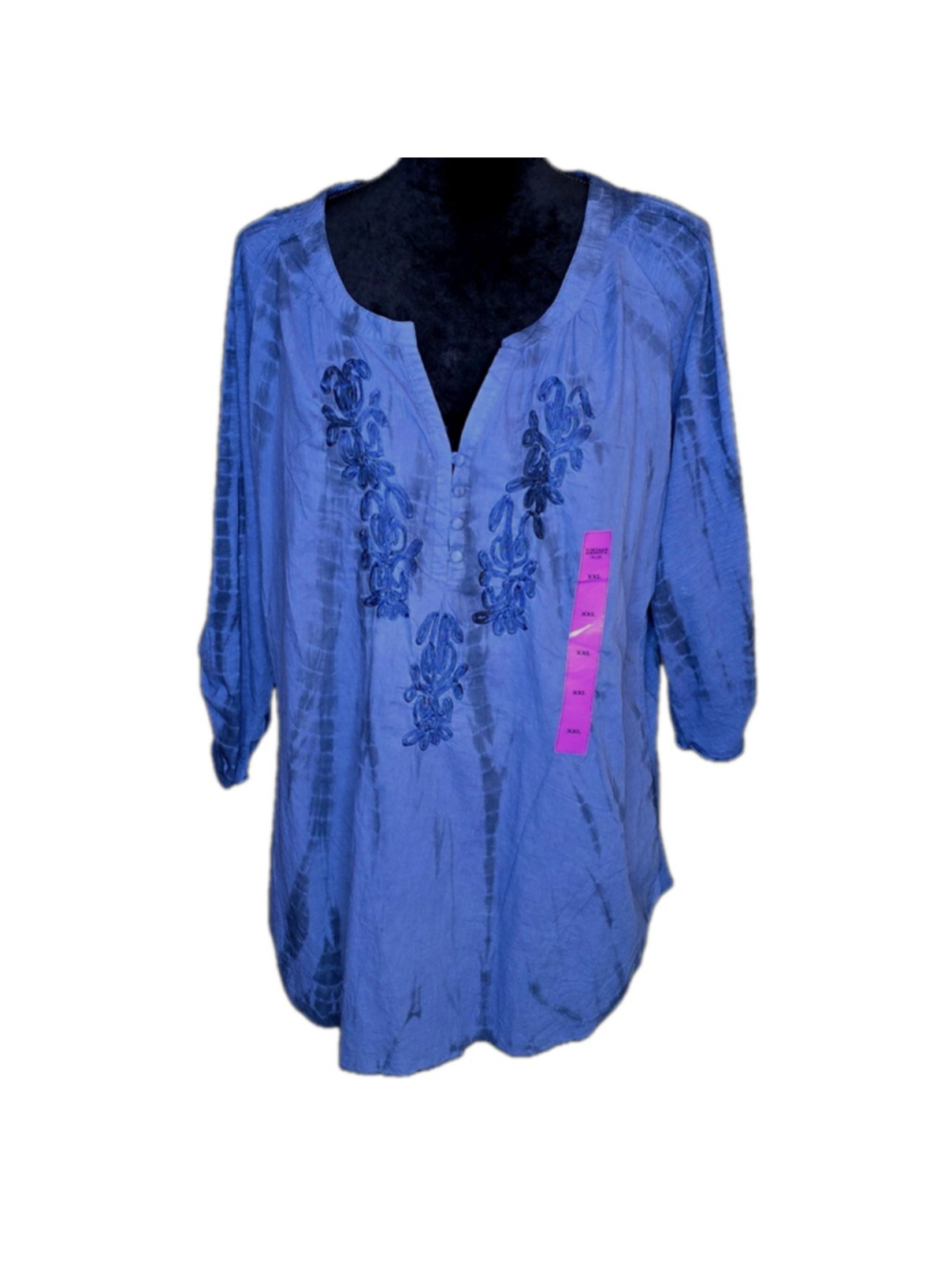 Vintage America Boho Blouse 2X Blue Liliana Embroidered Tie Dye Festival Hippie